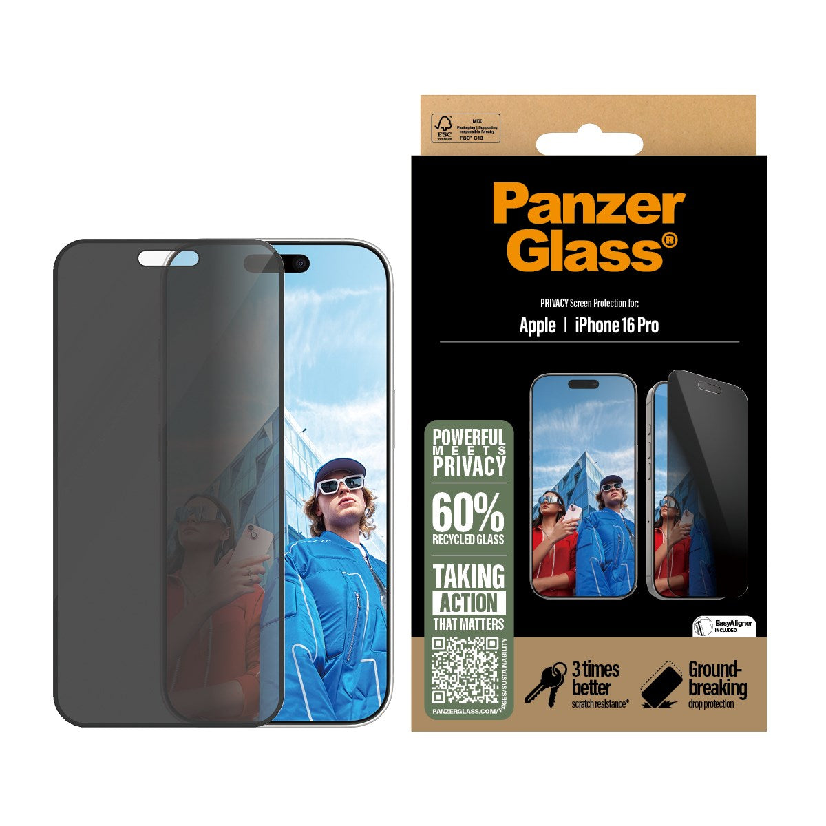PanzerGlass® Privacy Skærmbeskyttelse iPhone 16 Pro | Ultra-Wide Fit m. EasyAligner